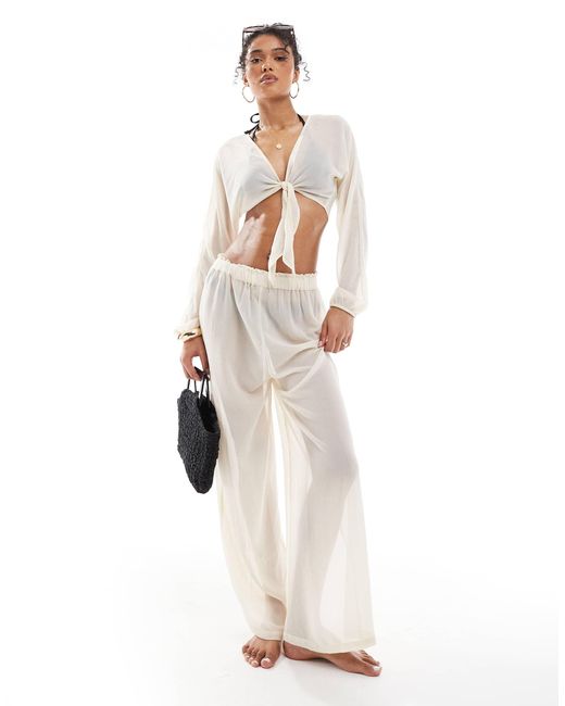 ONLY White Tie Front Top And Trousers Beach Set