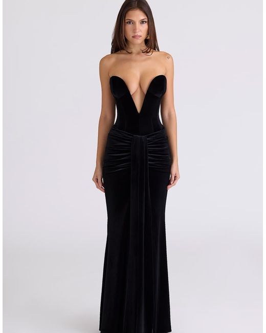 House Of Cb Black Vienne Velvet Deep Plunge Maxi Gown
