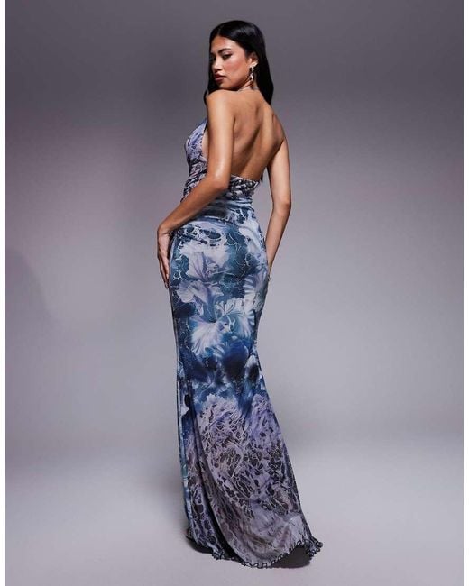 ASOS Blue Printed Halter Maxi Dress With Trim Detail