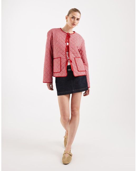 Pieces Red Tie Front Quilted Jacket