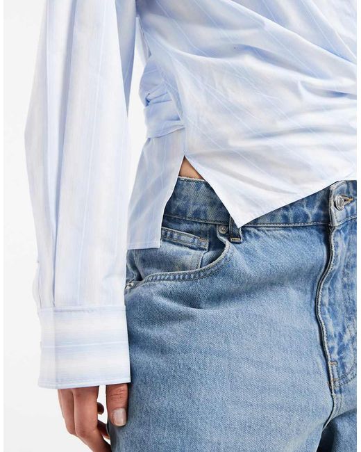 & Other Stories Blue Cotton-rich Front Tie Ruched Wrap Shirt
