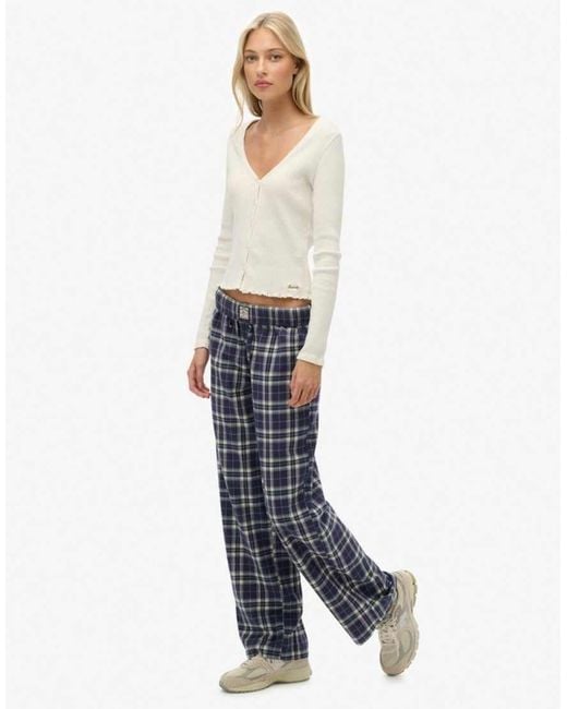 Superdry White Cotton Check Elastic Trousers