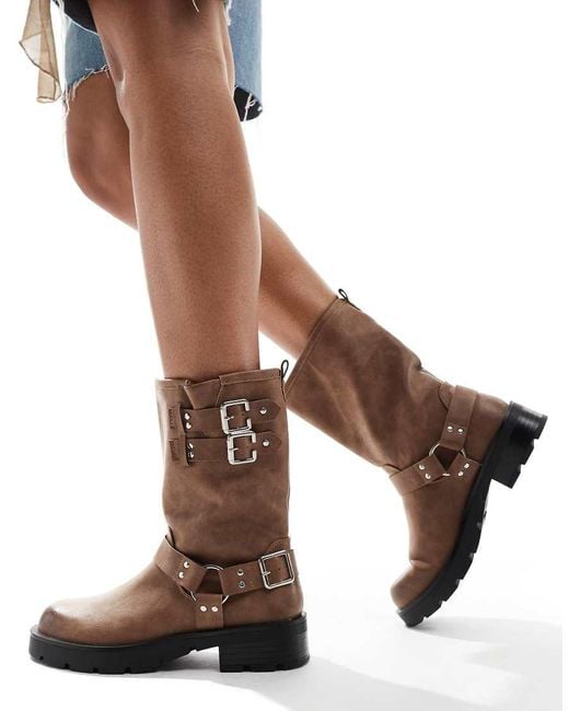 Glamorous Brown Harness Biker Boots
