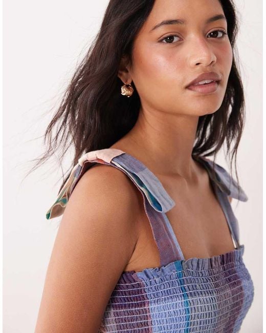 Barbour Pink Amelie Linen Shirred Tartan Frill Midi Dress