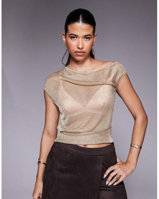ASOS Gray Asymmetric Shoulder Semi Sheer Metallic Top