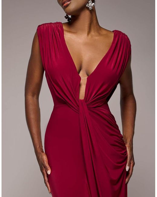 Goddiva Red Cowl Plunge Draped Mermaid Maxi Dress