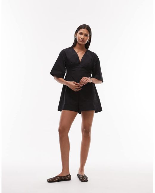 TOPSHOP Black Deep V Playsuit