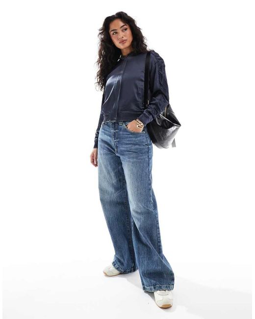 French Connection Blue Akita Ruched Sleeve Satin Bomber Jacket
