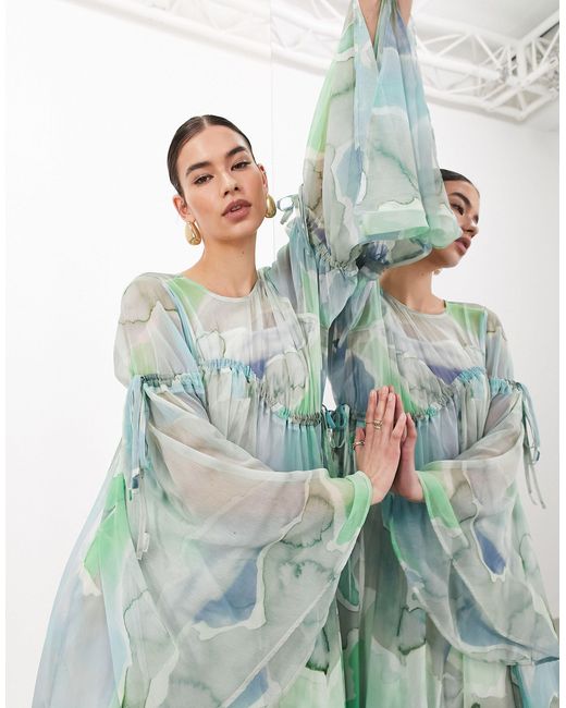 ASOS Green Long Sleeve Chiffon Maxi Dress With Gathered Detail