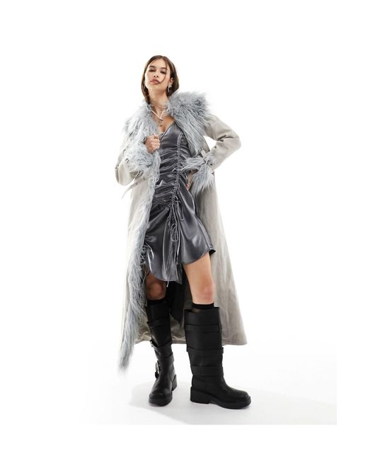 Reclaimed (vintage) Gray Limited Edition Longline Real Suede Coat With Fur Trim