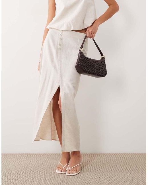 Vila Natural Linen Touch Button Front Midi Skirt