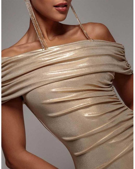 Goddiva Brown Foil Pleated One Shoulder Bardot Fit And Flare Maxi Dress