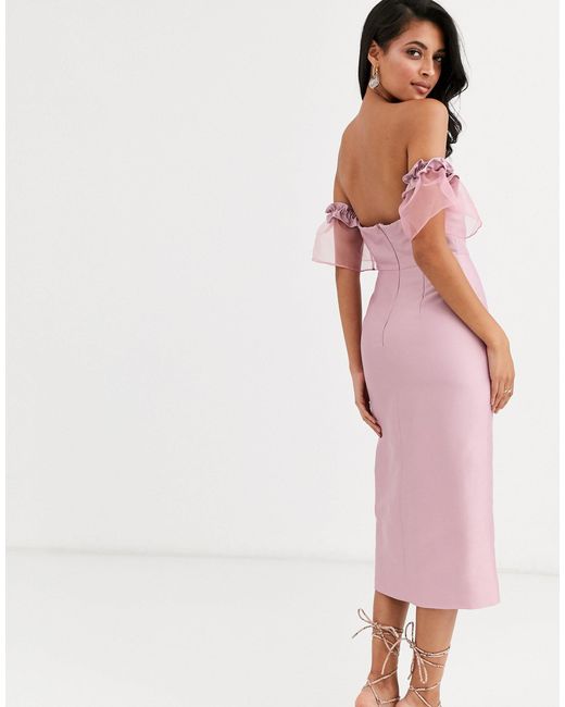 True Decadence Off Shoulder Midi Dress With Statement Organza Sleeve in  Pink | Lyst