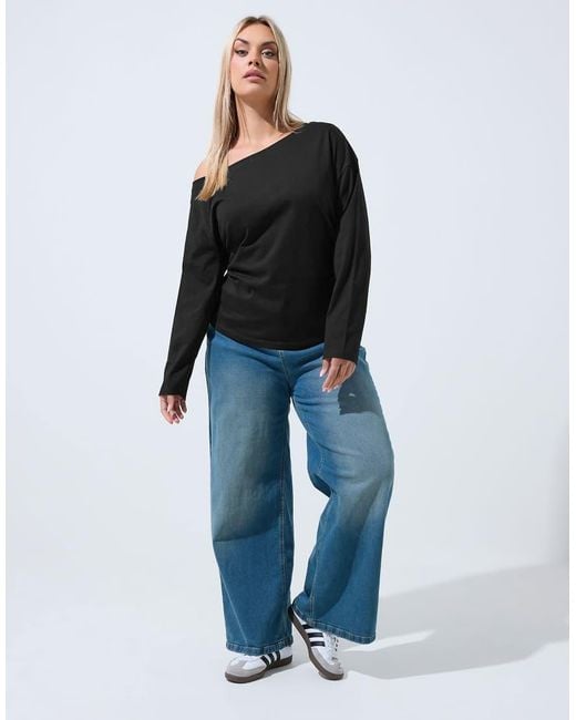 Yours Clothing Black Off Shoulder Long Sleeve Top