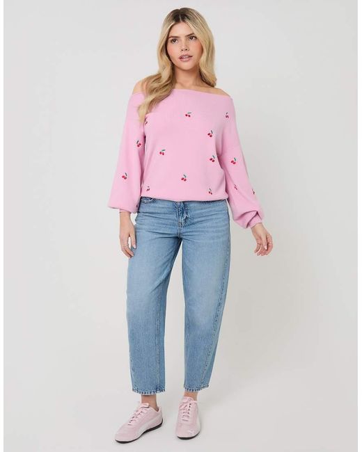Threadbare Pink Cherry Embroidery Slash Neck Jumper