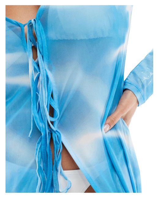 Vero Moda Blue – maxi-kimono aus netzstoff mit ozean-printmuster