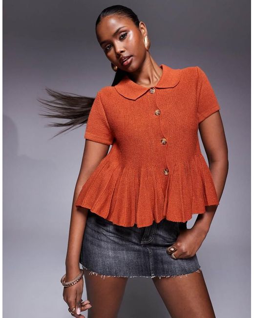 Cárdigan De Manga Corta Con Cuello Redondo Y Sobrefalda En El Bajo De -Caoba ASOS de color Orange