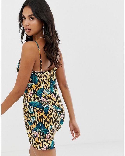 Drape Front Cami Beach Dress In Tropical Animal Print Drape Front Cami Beach Dress In Tropical Animal Print