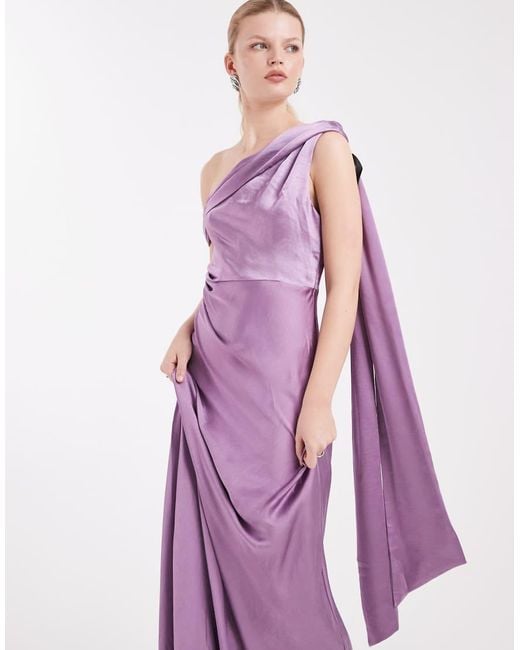 Six Stories Purple Bridesmaid One Shoulder Drape Detail Satin Maxi Dress