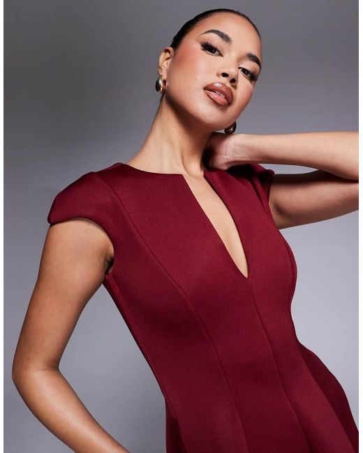 Goddiva Red Cap Sleeve Plunging V Neckline A-Line Midi Dress
