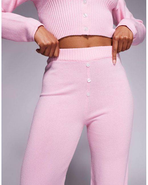 Aria Cove Pink Knitted Boxer Style Button Detail Wide Leg Trouser Co-ord