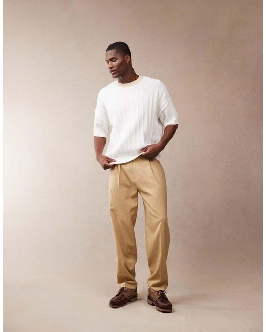 ASOS Natural Smart Oversized Tapered Linen Blend Trousers With Front Pleat for men
