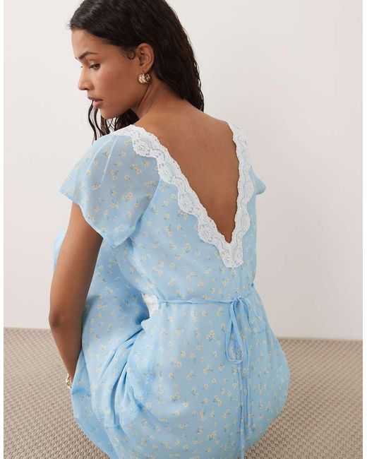 New Look Blue Ditsy Lace Trim Cap Sleeve Midi Dress