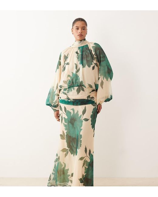 ASOS Green Asos Design Curve High Neck Drape Chiffon Maxi Dress With Neck Tie