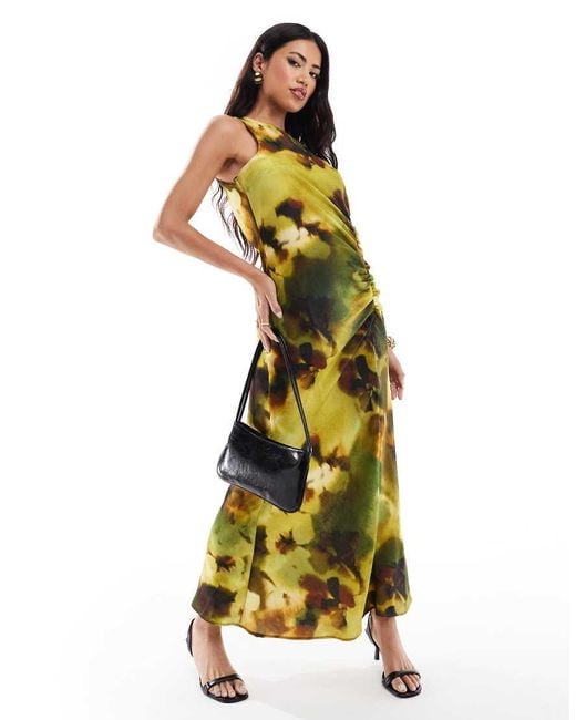 River Island Green Floral Print Ruched Midi Dress