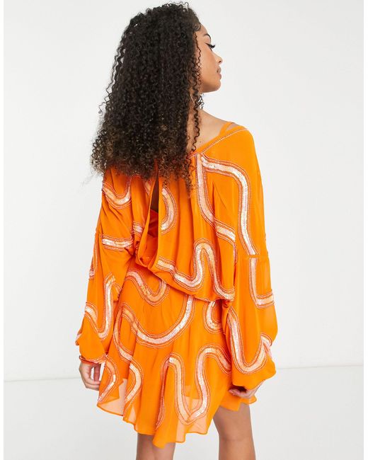 ASOS Orange Tall Rouleaux Loop Tie Waist Mini Dress With Swirl Embellishment