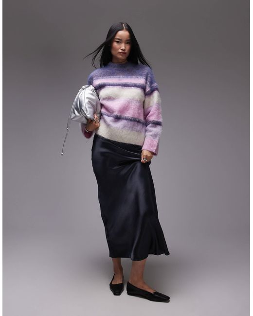 TOPSHOP Purple Knitted Fluffy Stripe Relaxed Jumper