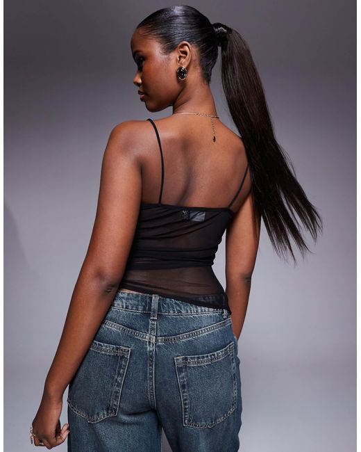 ASOS Black Asymmetric Hem Ruched Slinky Mesh Cami Top