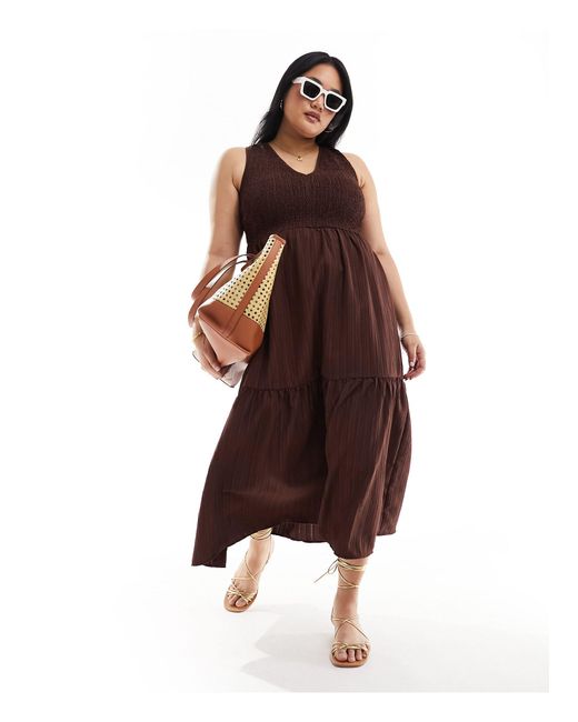 ASOS Brown Asos Design Curve V-neck Crinkle Midi Sundress With Tiered Skirt
