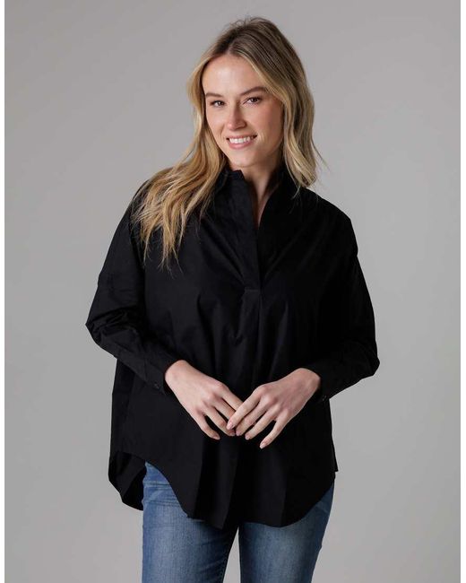 French Connection Black Cotton Long Sleeve Poplin Popover High-Low Hem Shirt
