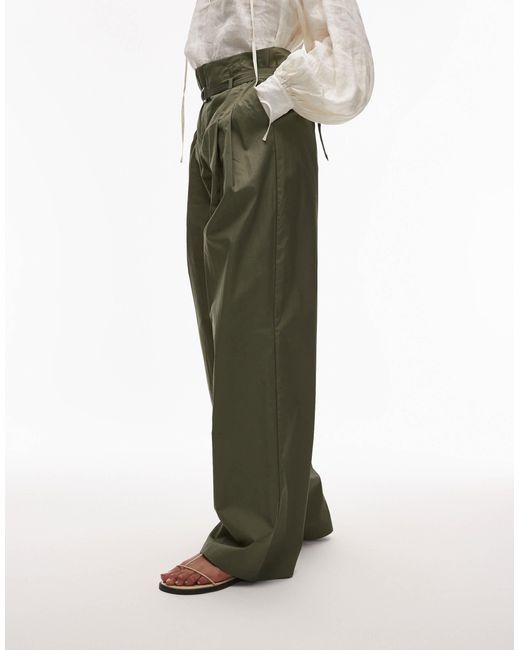 Mango Green Cotton Wide Leg Pleat Front Trouser With Belted Waist