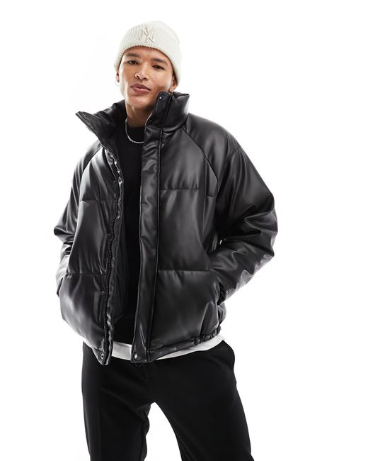Pull&Bear Black Faux Leather Puffer Jacket for men