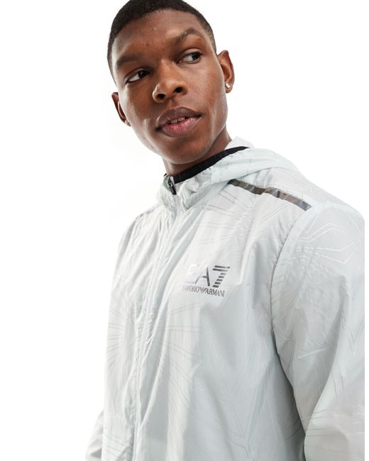 EA7 Blue Armani Logo All Over Geo Print Transparent Hooded Windbreaker Jacket for men