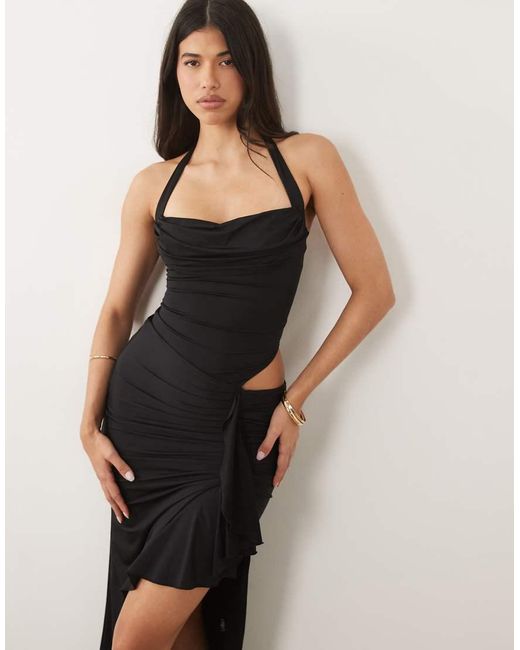 Oh Polly Black Halter Neck Cut Out Detail Thigh Split Maxi Dress