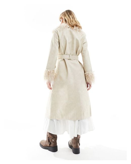 Reclaimed (vintage) Natural Longline Leather Look Trench Coat With Detachable Faux Fur Collar