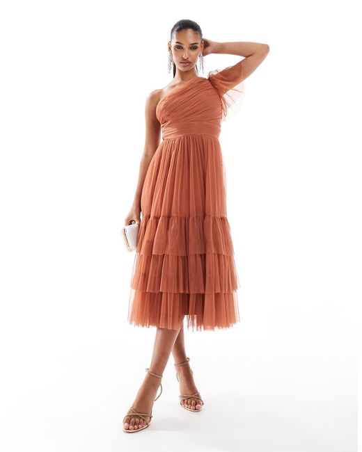 LACE & BEADS White Bridesmaid Madison One Shoulder Tulle Midi Dress