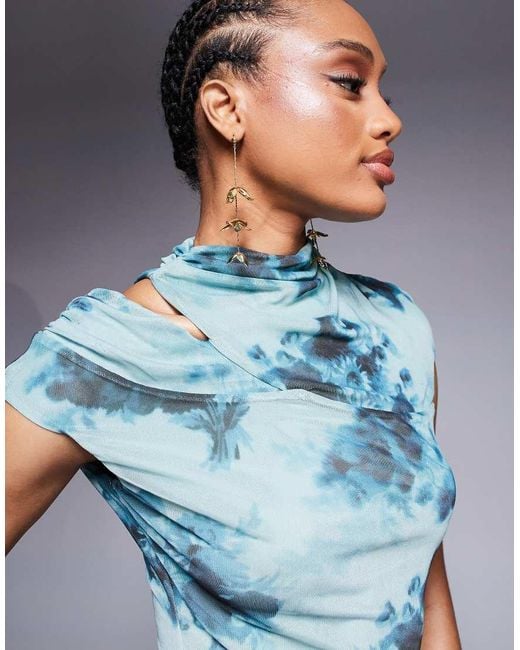 ASOS Blue Asos Design Tall Mesh Cap Sleeve Mini Dress With Slash Shoulder