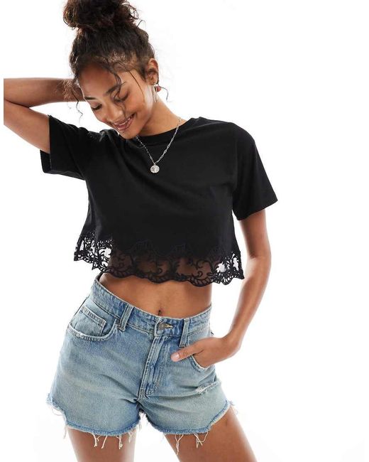 Miss Selfridge Black Lace Hem Short Sleeve T-shirt