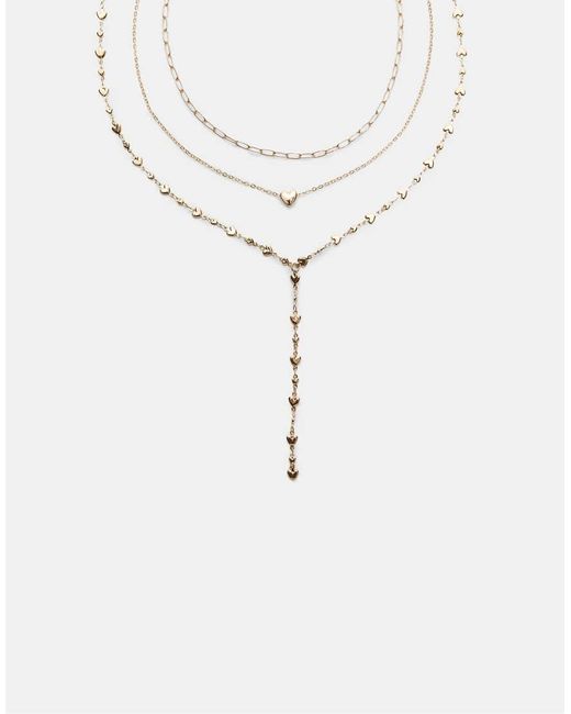 Stradivarius White Set Of 3 Lariat Heart Necklaces
