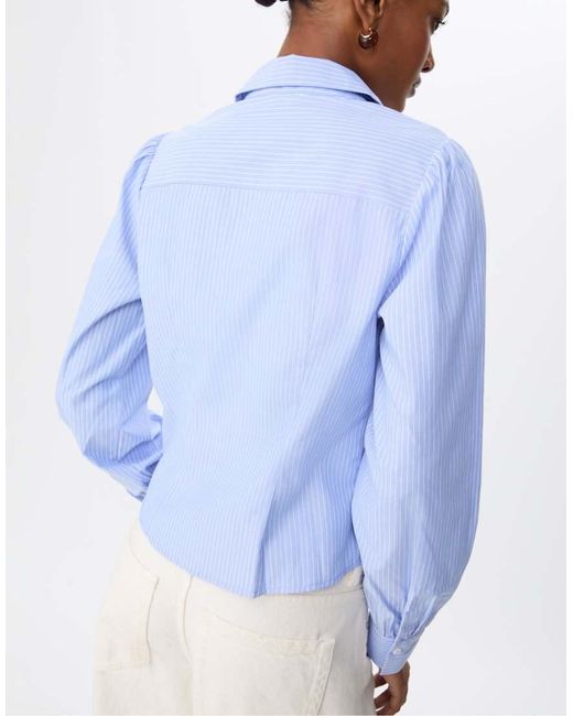 Stradivarius Basic Gestreept Poplin Overhemd Met Pofmouwen in het Blue