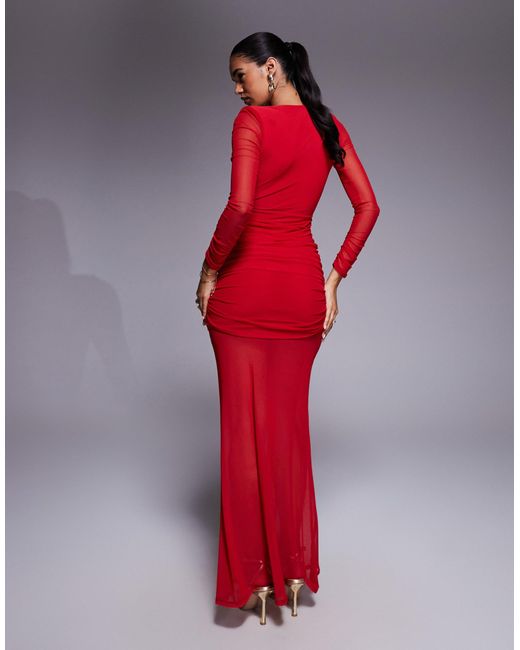 ASOS Red Mesh Long Sleeve Deep Plunge Sheer Maxi Dress With Shoulder Pad Detail