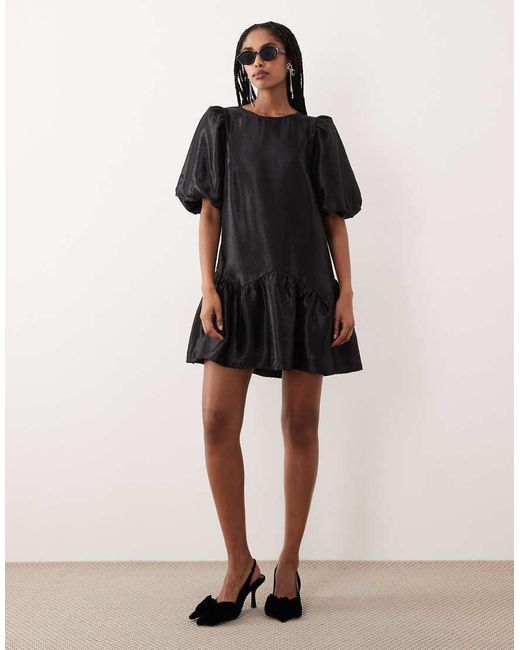 Gina Tricot Black Short Balloon Volume Sleeve Peplum Mini Dress