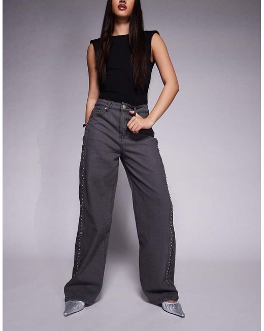 Liquor N Poker Black Relaxed Mid Rise Jeans With Diamante Eyelet Detail