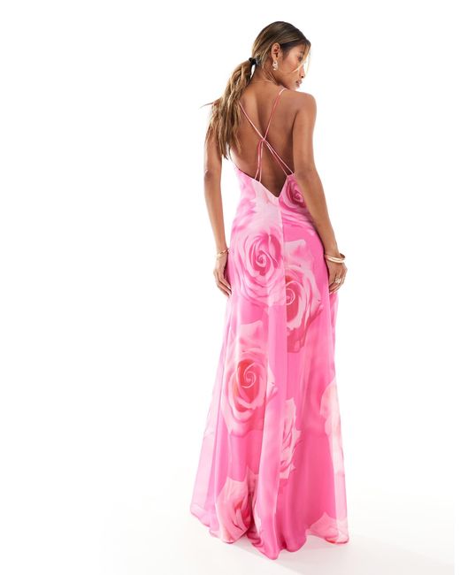 Mango Flower Print Cami Maxi Dress in Pink | Lyst