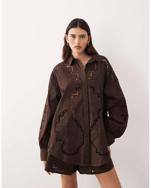 ARRANGE Brown Oversized Shirt With Cutwork Embroidery
