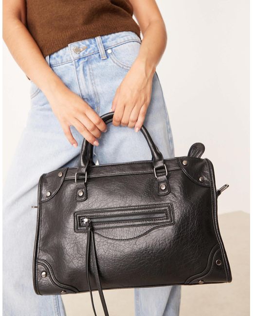 Gina Tricot Brown Studded Large Top Handle Tote Bag With Cross Body Strap